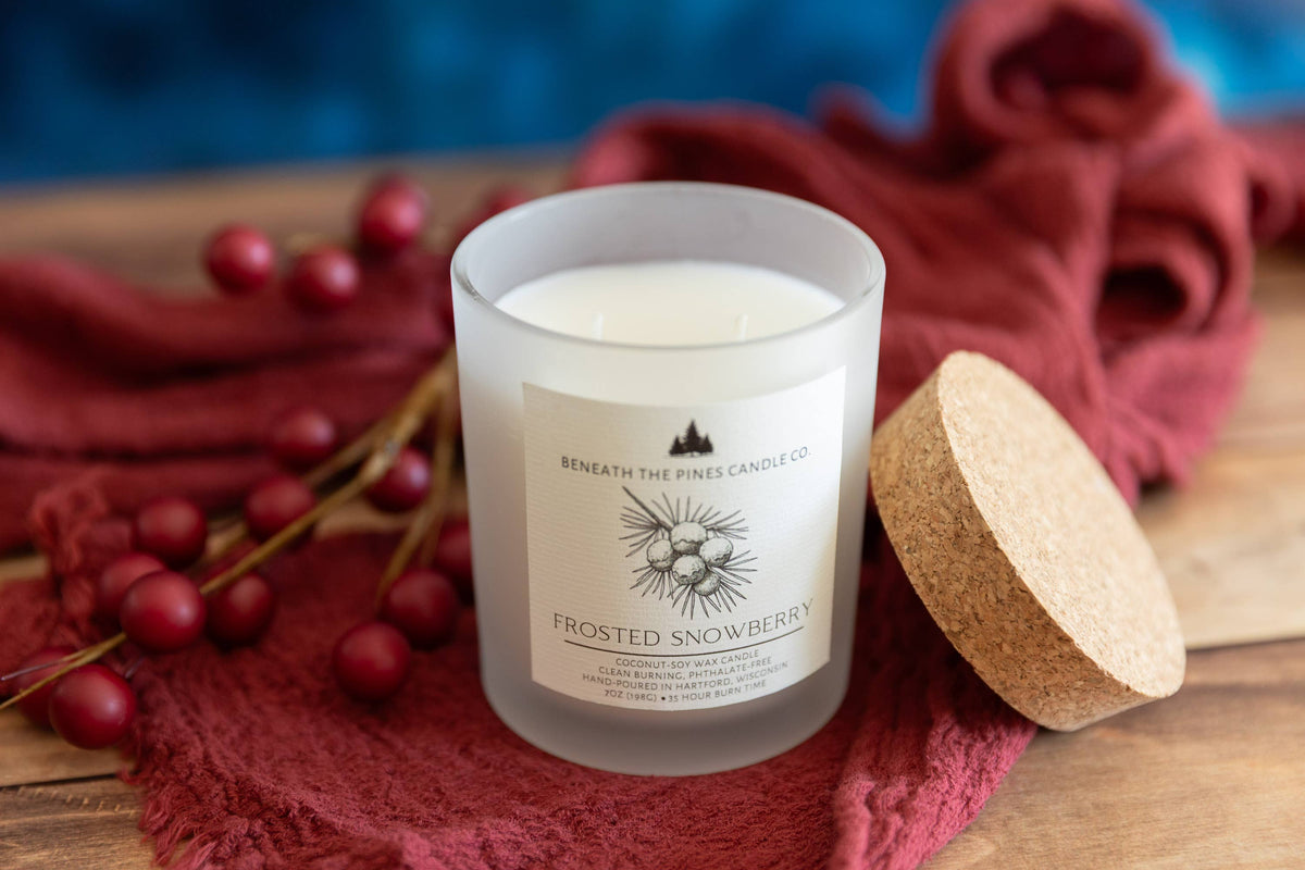 Beneath The Pines Candle Co. Frosted Snowberry soy candle in glass jar