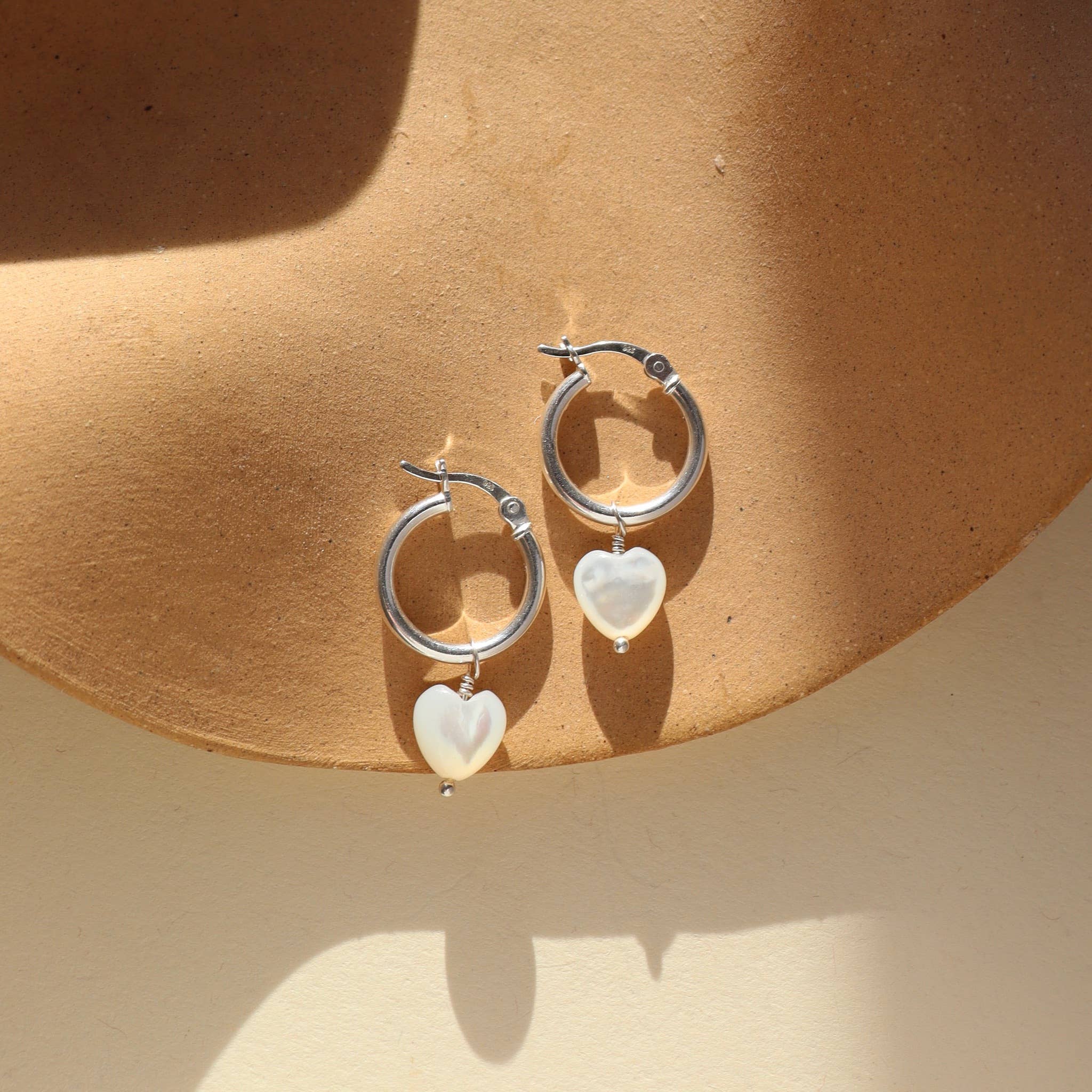 Mother of Pearl Heart Hoops in 14k Gold Fill or Sterling Silver
