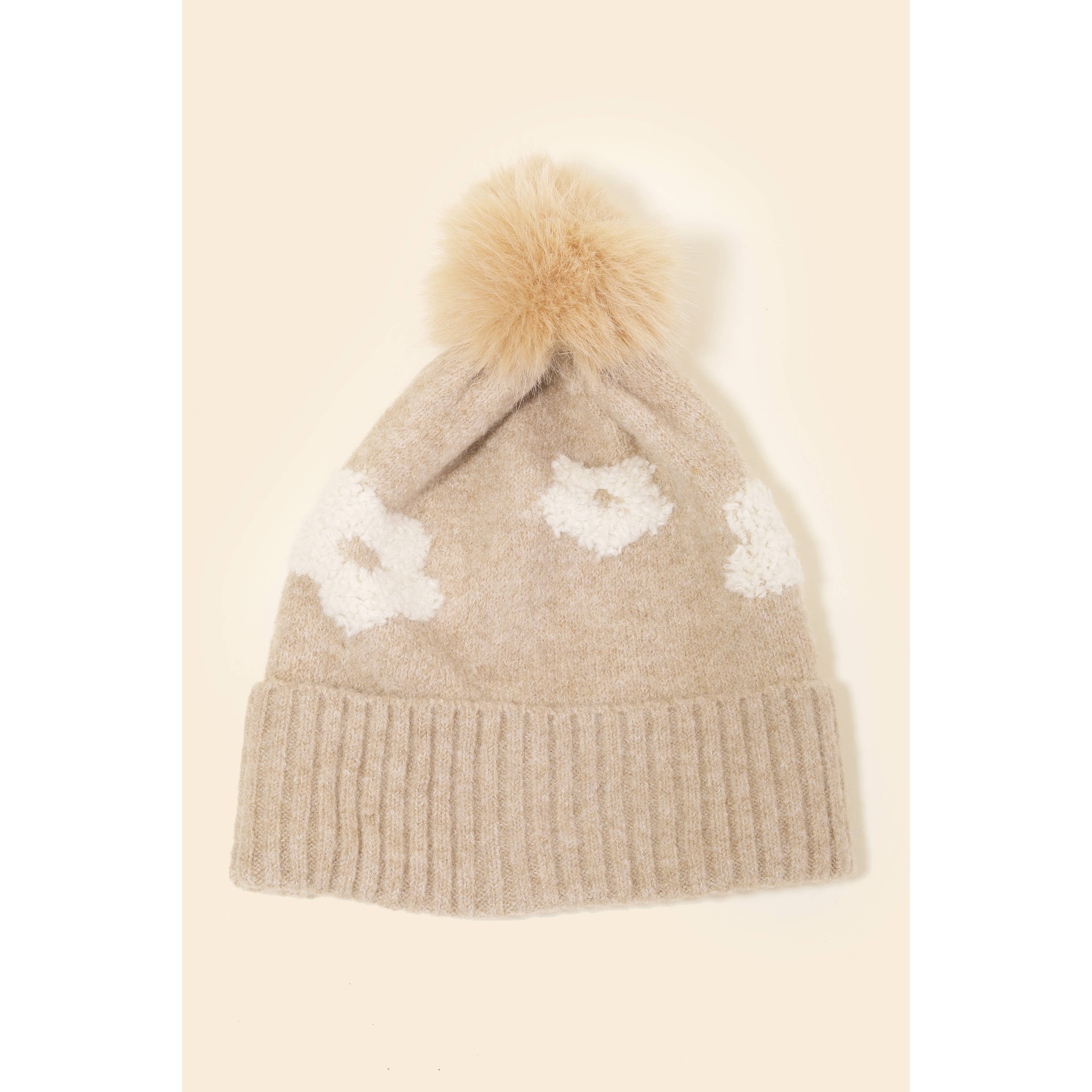Flower Embroidered Pompom Beanie, Pink