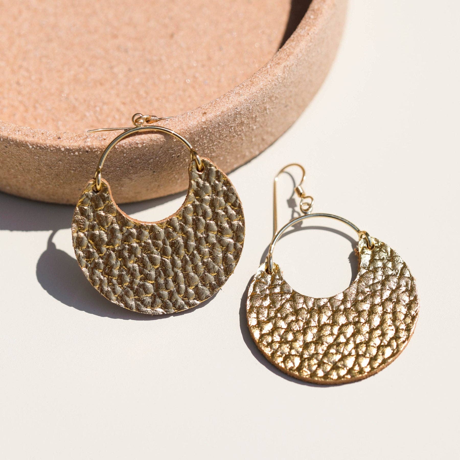 Hammered Gold Nina Leather Hoop Earrings
