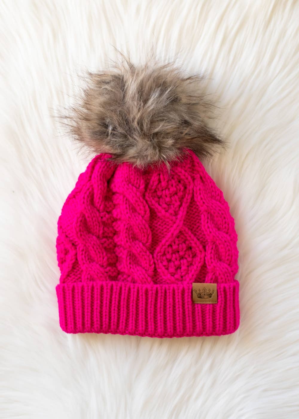 Bright Pink Cable Knit Pom Hat