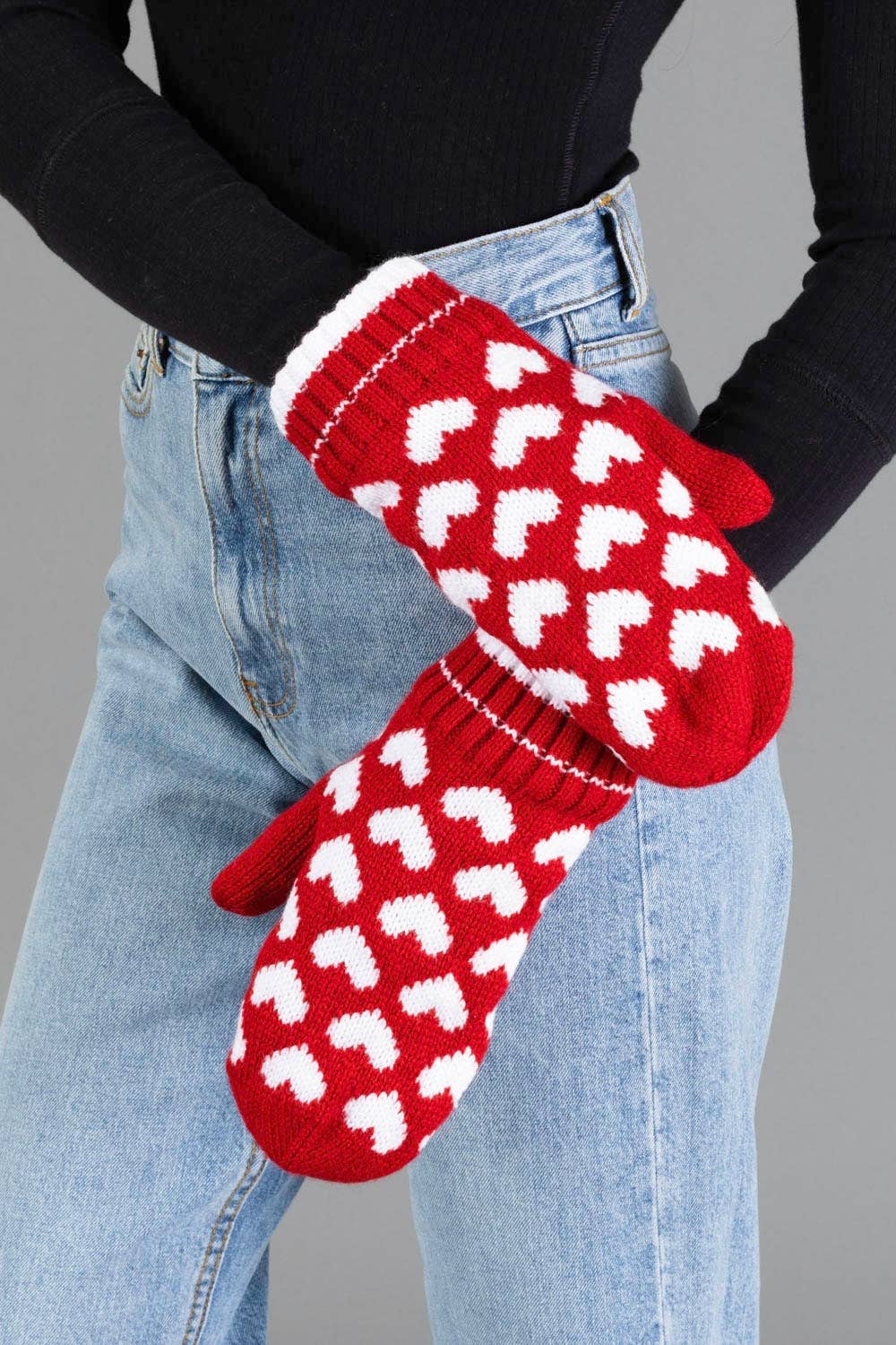 Panache Apparel Co. red and white heart print knit mittens, fleece-lined