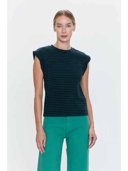 Olivia Rolled Sleeve Tee, Navy/Green Stripe