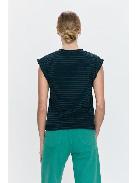 Olivia Rolled Sleeve Tee, Navy/Green Stripe