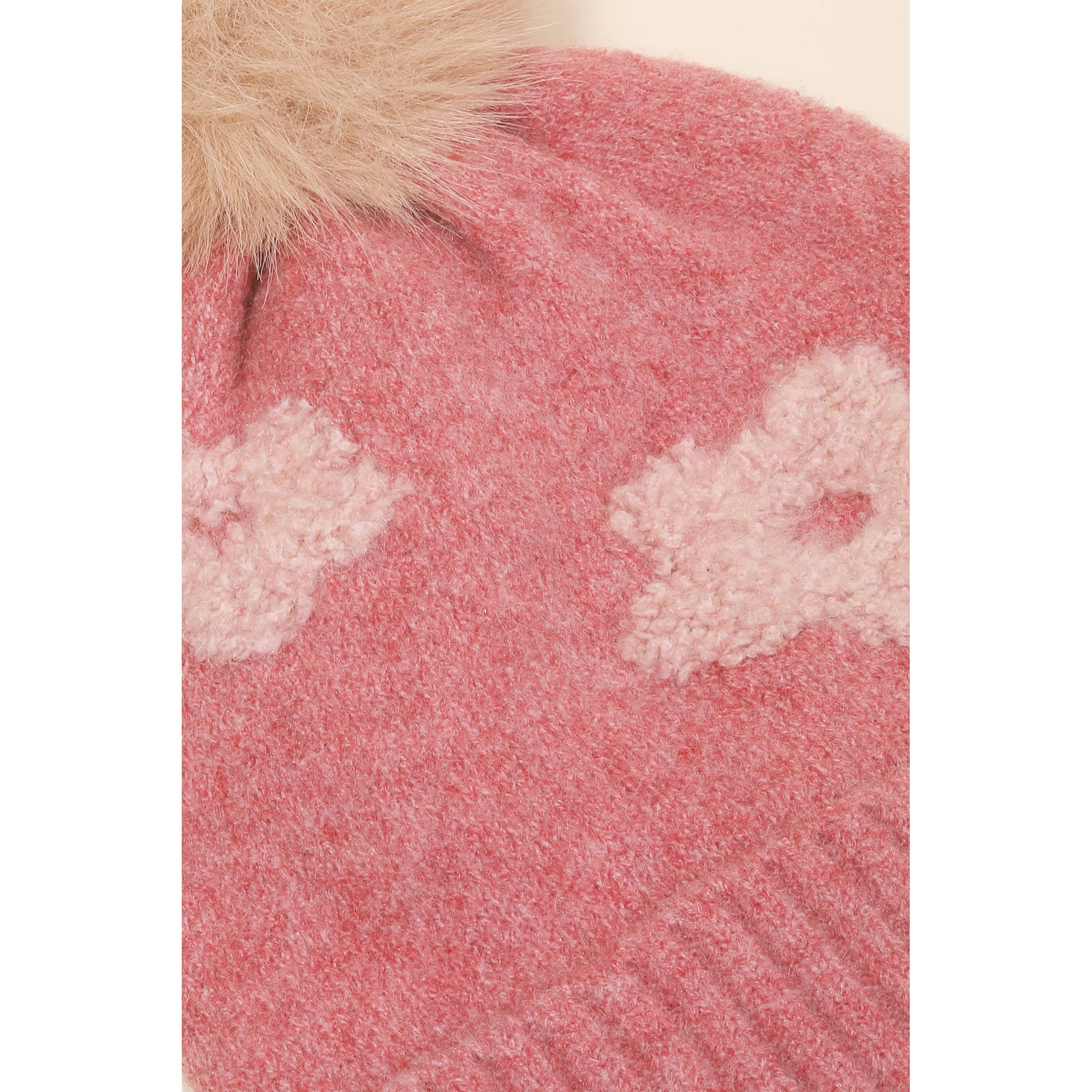 Flower Embroidered Pompom Beanie, Pink