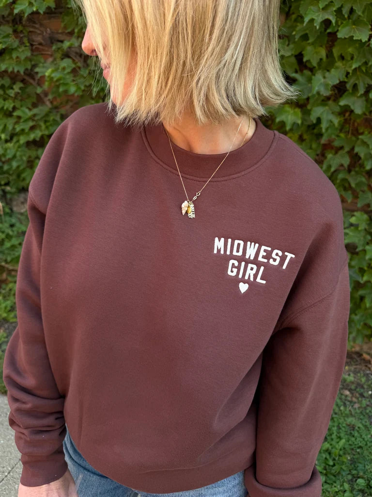 Midwest Girl chestnut brown fleece crewneck sweatshirt with drop shoulder