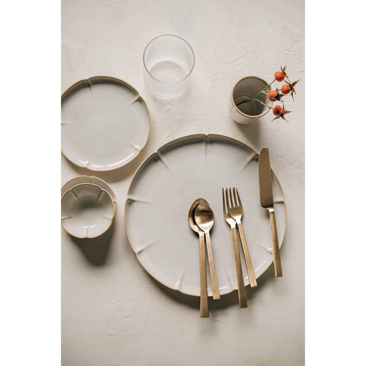 Danica Heirloom matte gold edge flatware set of 5, detail view