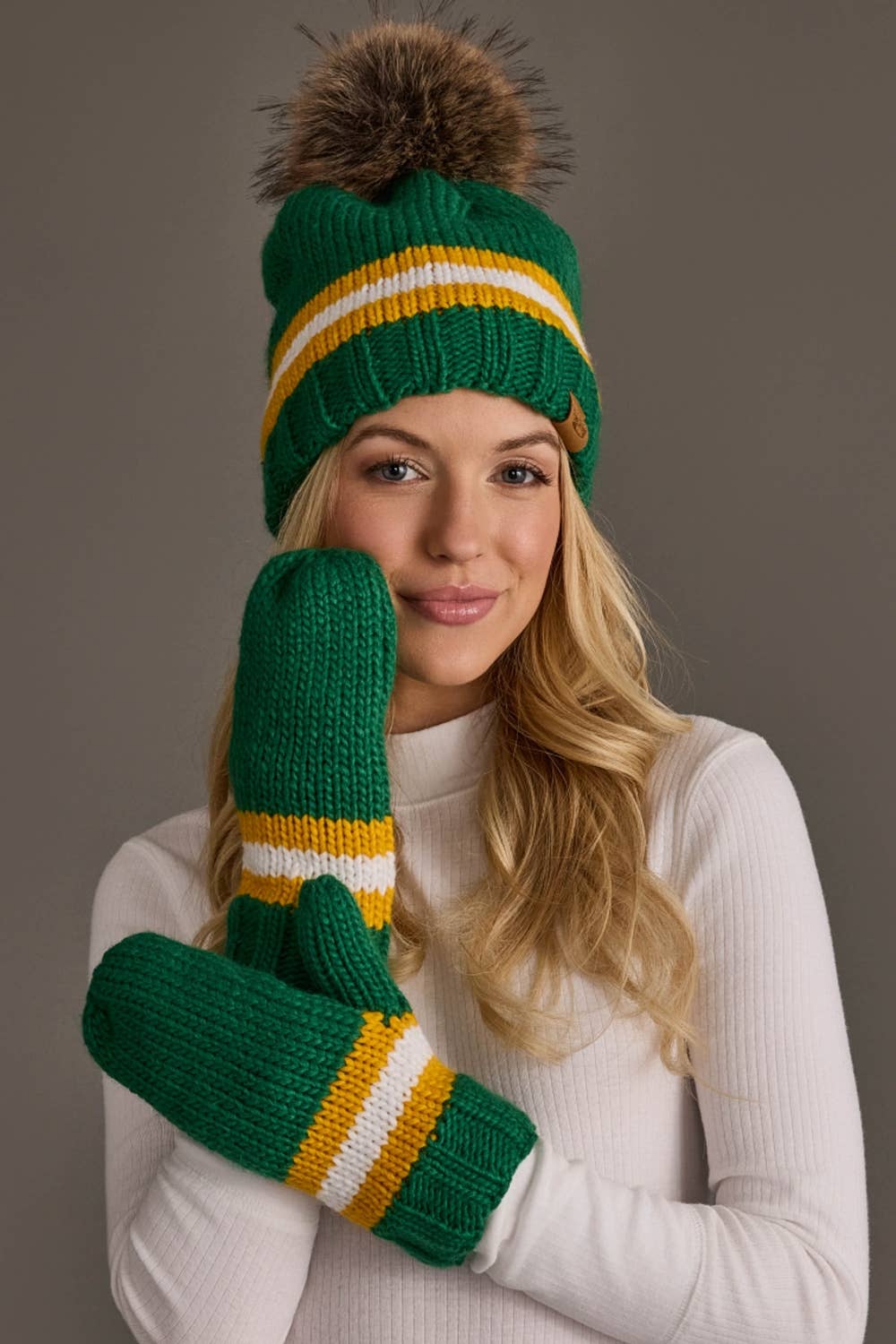 Panache Apparel Co. green, gold, and white striped knit mittens with ribbed cuff