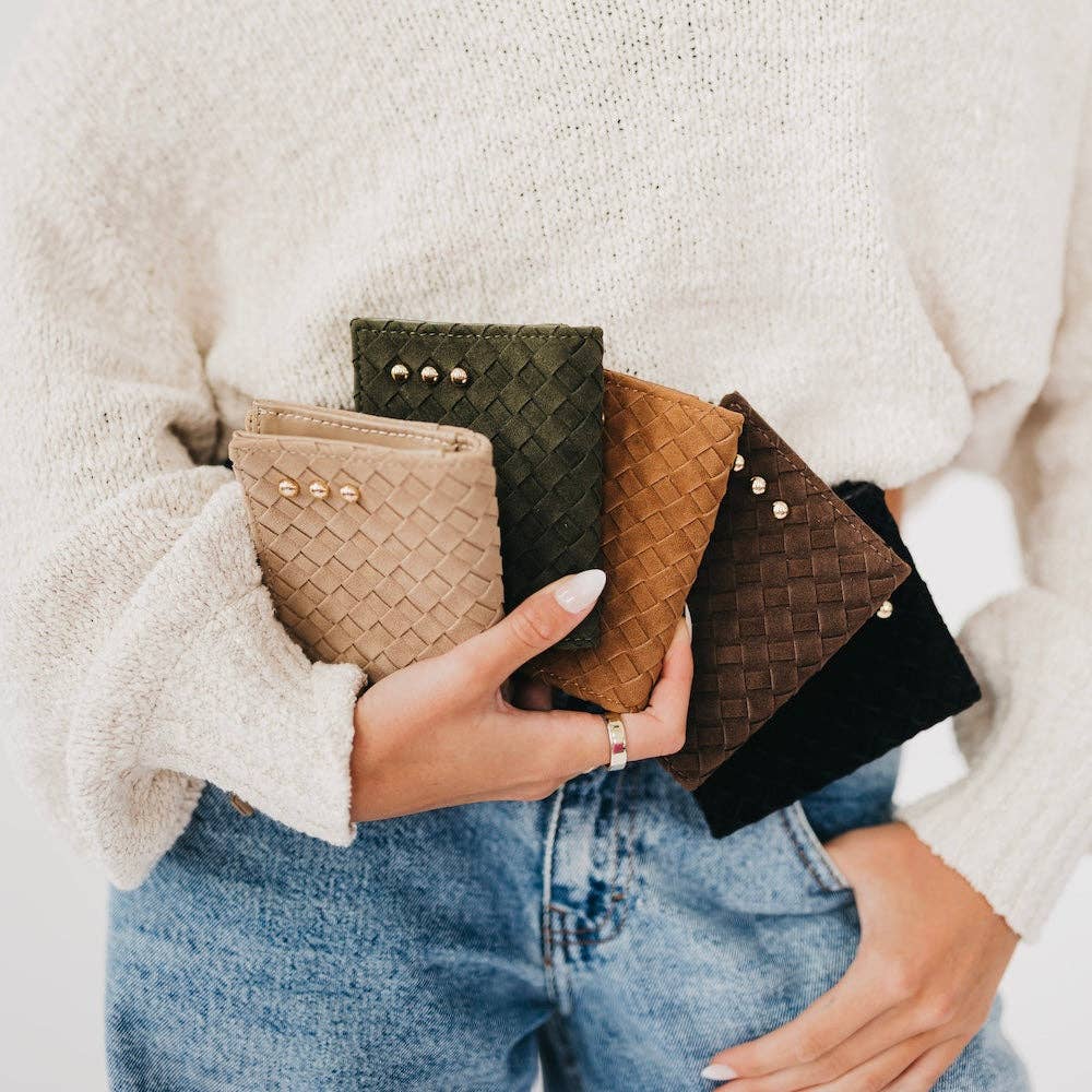 Pretty Simple Kat faux suede wallet in chocolate, camel, and black