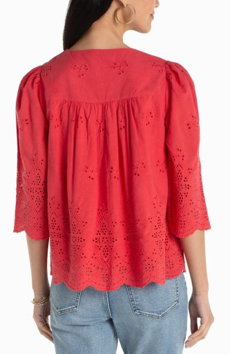 3/4 Sleeve Vneck Eyelet Woven Top, Cherry Rose