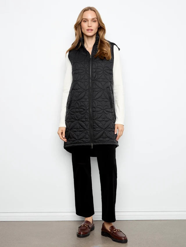 Long Hooded Puffer Vest, Black