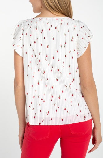 Liverpool flutter sleeve boat neck knit top, white and red floral, back view