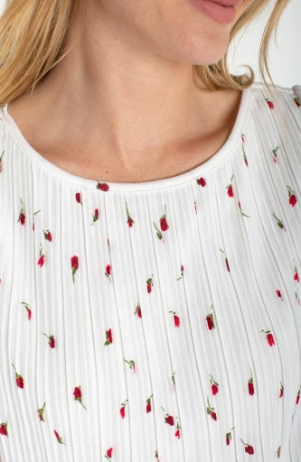 Liverpool flutter sleeve boat neck knit top, white and red floral, fabric detail