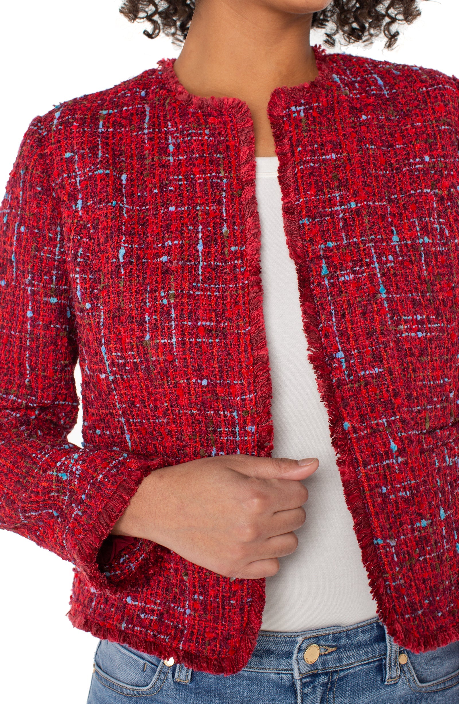 Collarless Jacket With Frayed Edges, Red Multi Boucle