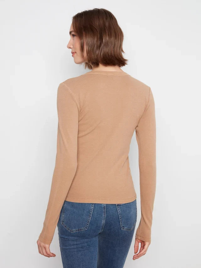 Truffle beige ribbed long sleeve crew neck top by Charlie B in a cotton-tencel blend
