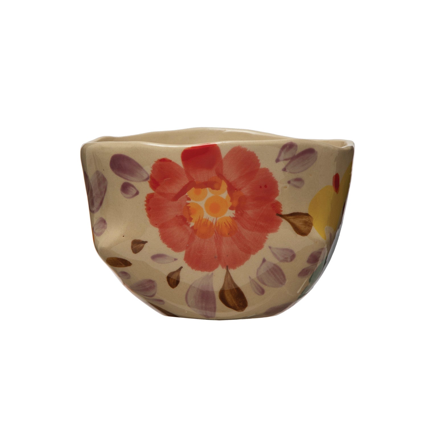 Hand-Painted Stoneware Serving Bowl w/ Florals, Multi Color