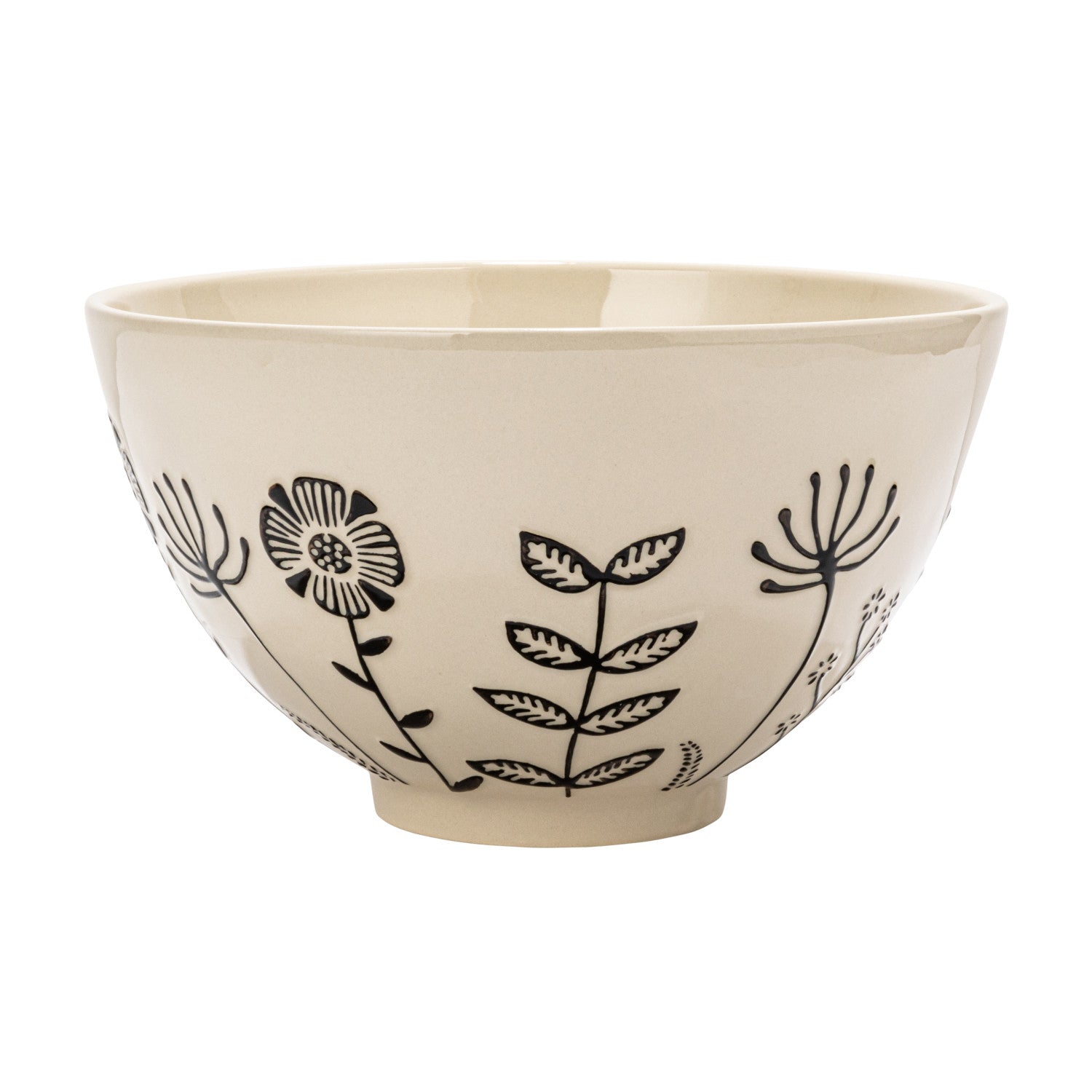 Hand-Painted Stoneware Serving Bowl w/ Embossed Flowers