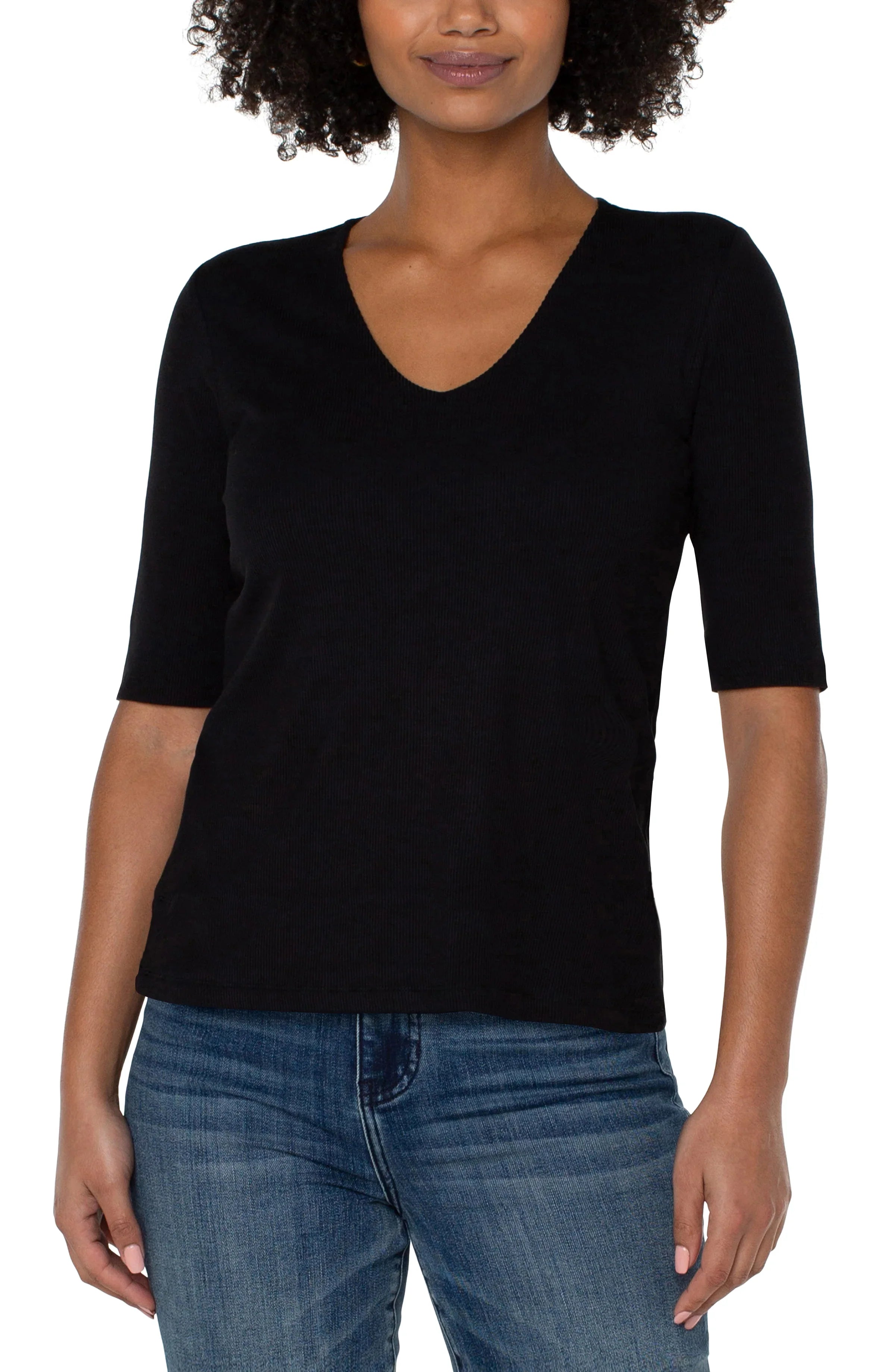 Liverpool double layer v-neck rib knit top, black, front view