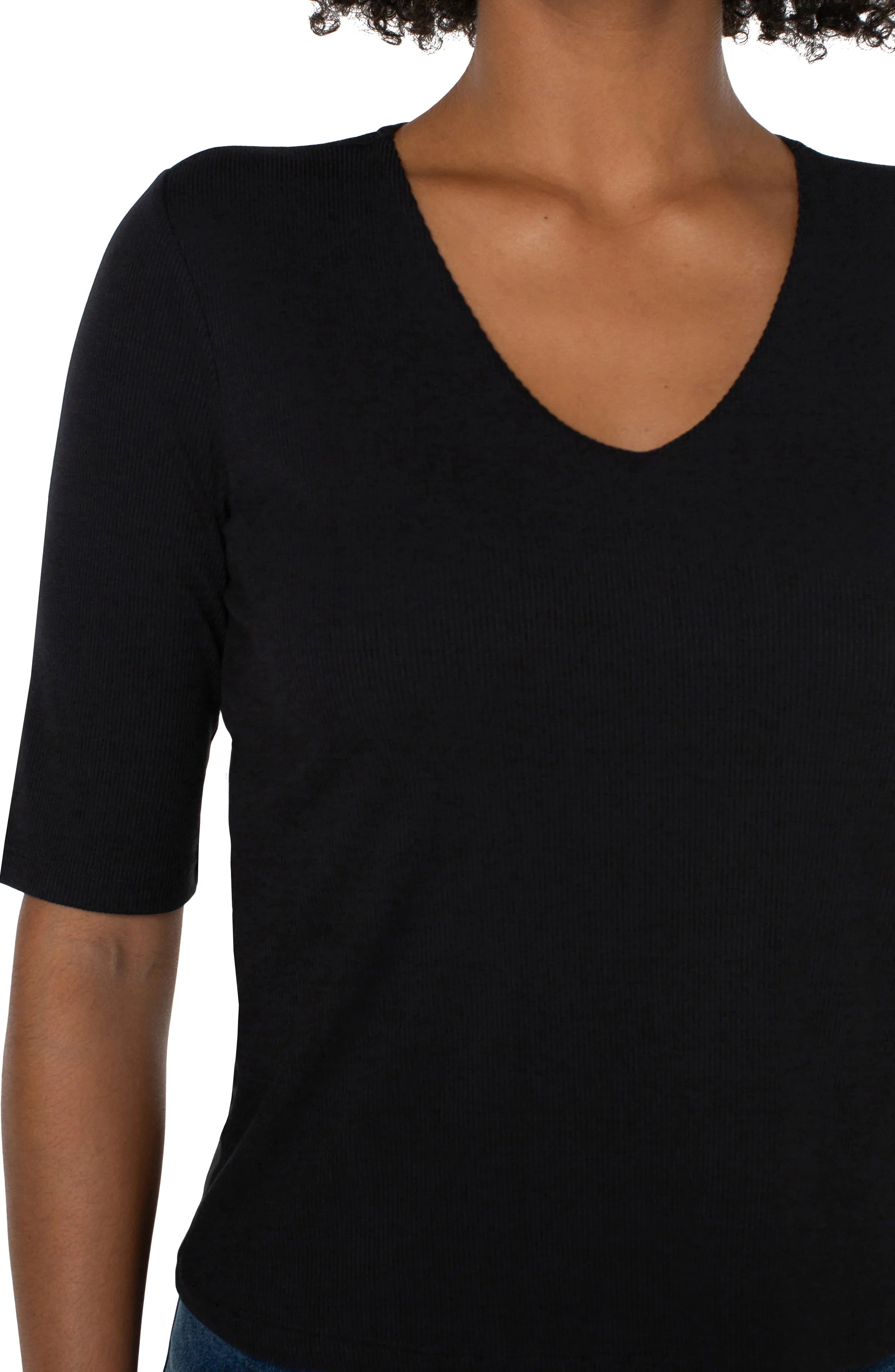 Liverpool double layer v-neck rib knit top, black, detail view