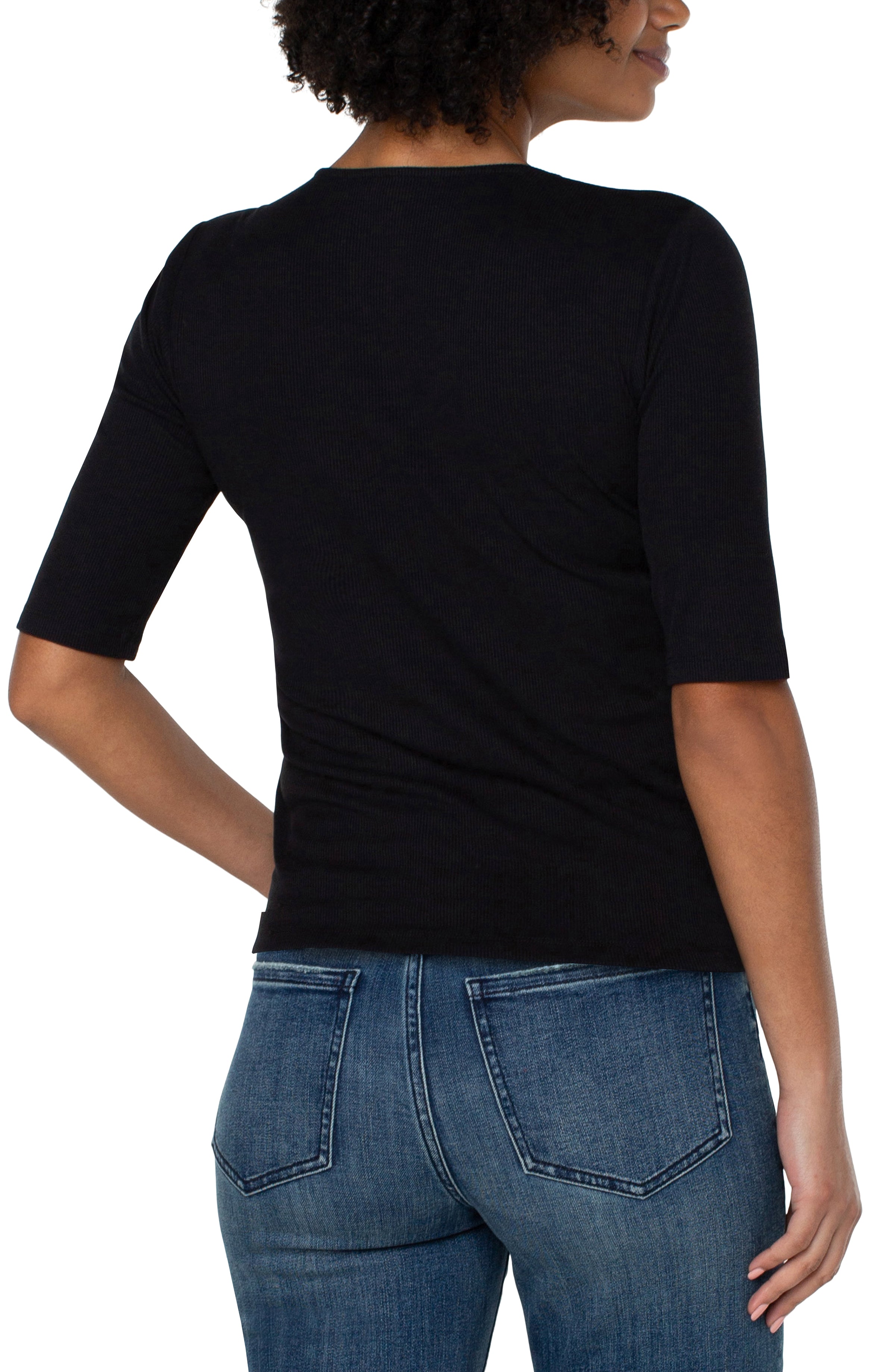 Liverpool double layer v-neck rib knit top, black, back view