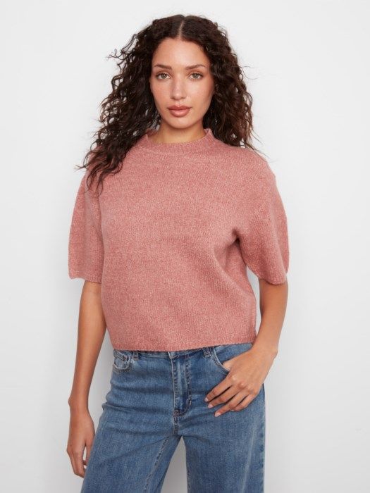 Rose balloon elbow sleeve knit sweater by Charlie B with mock neckline