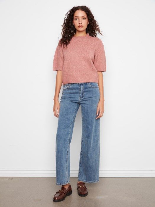 Rose balloon elbow sleeve knit sweater by Charlie B with mock neckline
