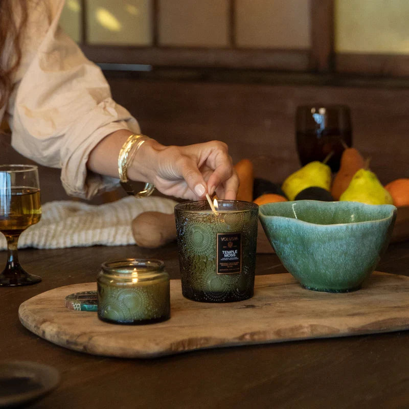 Voluspa Temple Moss candle, lifestyle shot