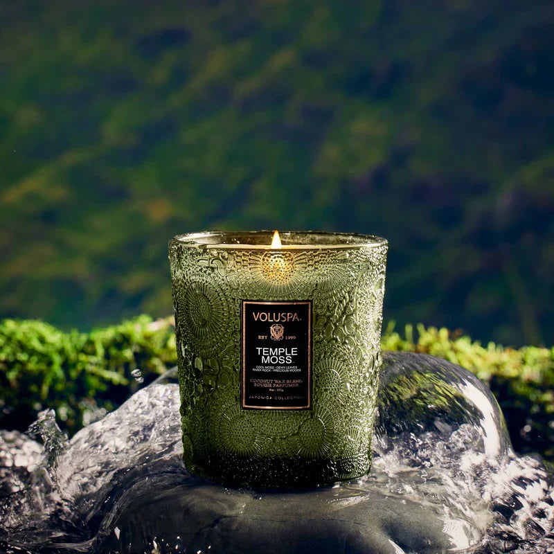 Voluspa Temple Moss candle, styled view
