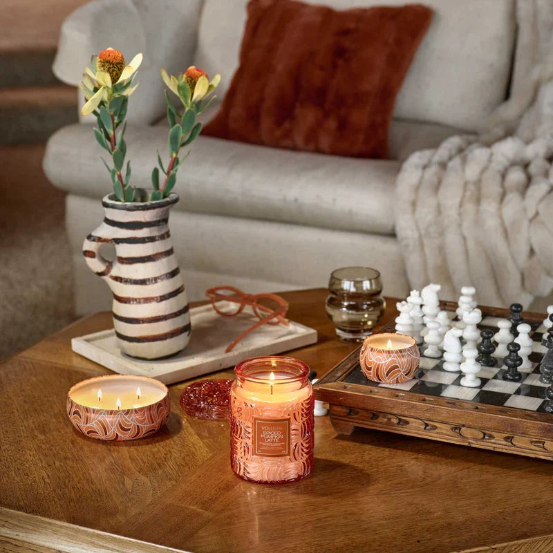 Voluspa Spiced Pumpkin Latte candle, lifestyle shot with size range