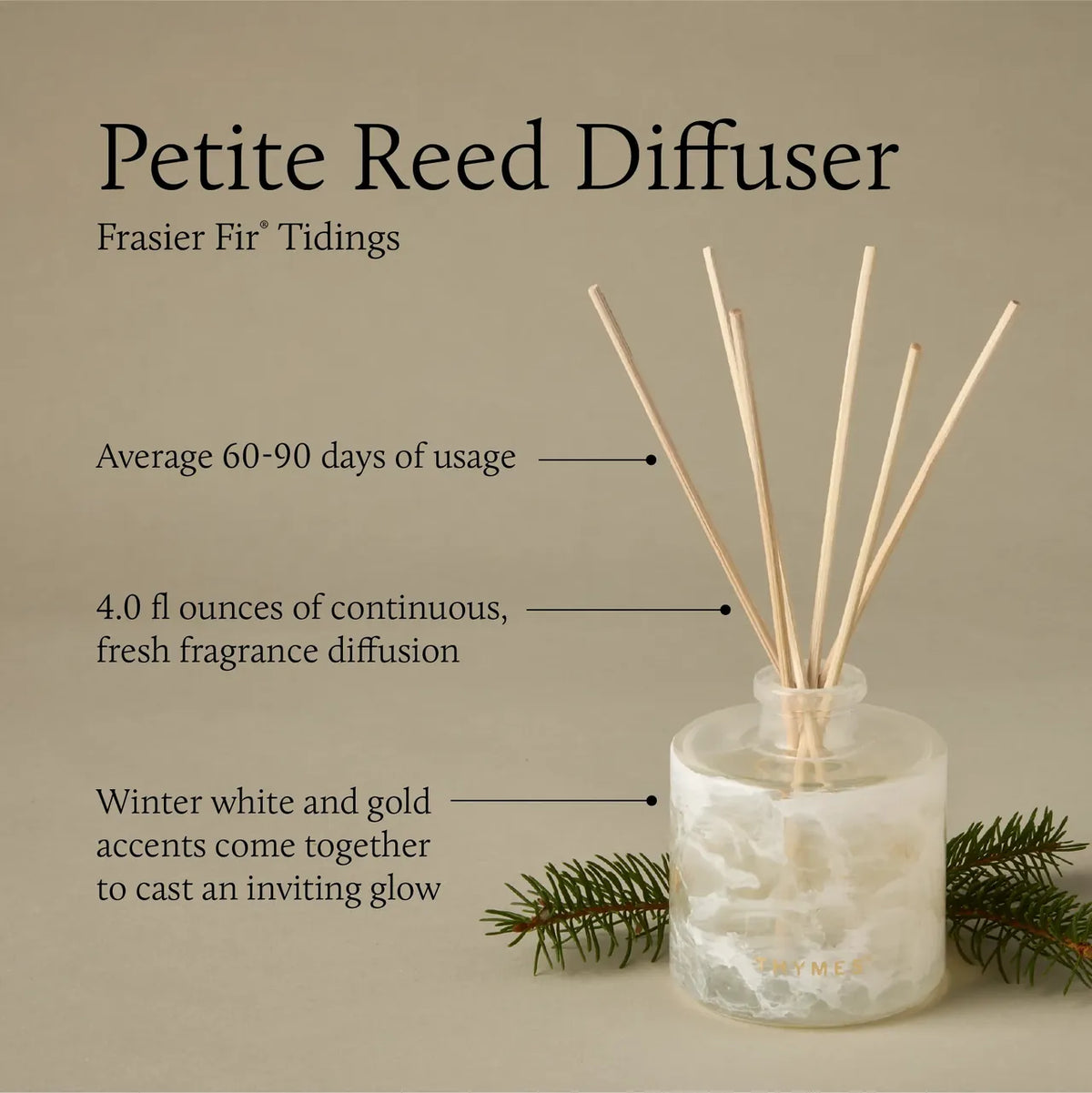 Thymes Frasier Fir Tidings petite reed diffuser, 4oz