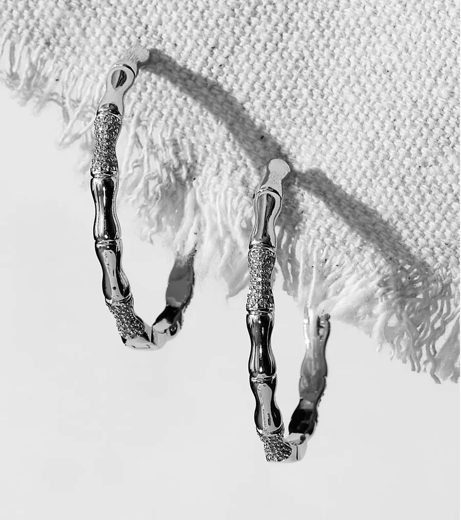 Bamboo Pave CZ Hoop, Silver