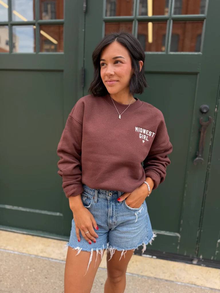 Midwest Girl chestnut brown fleece crewneck sweatshirt with drop shoulder
