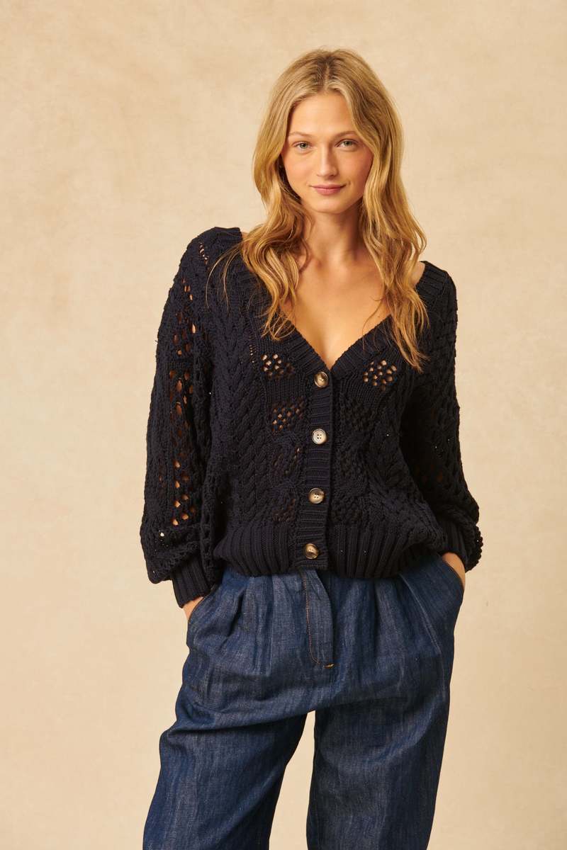 John & Jenn Domenico open-knit cardigan sweater, deep bluet