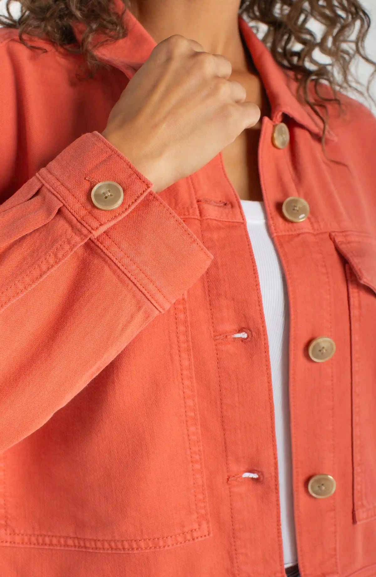 Liverpool oversized cropped denim jacket, red clay, detail view