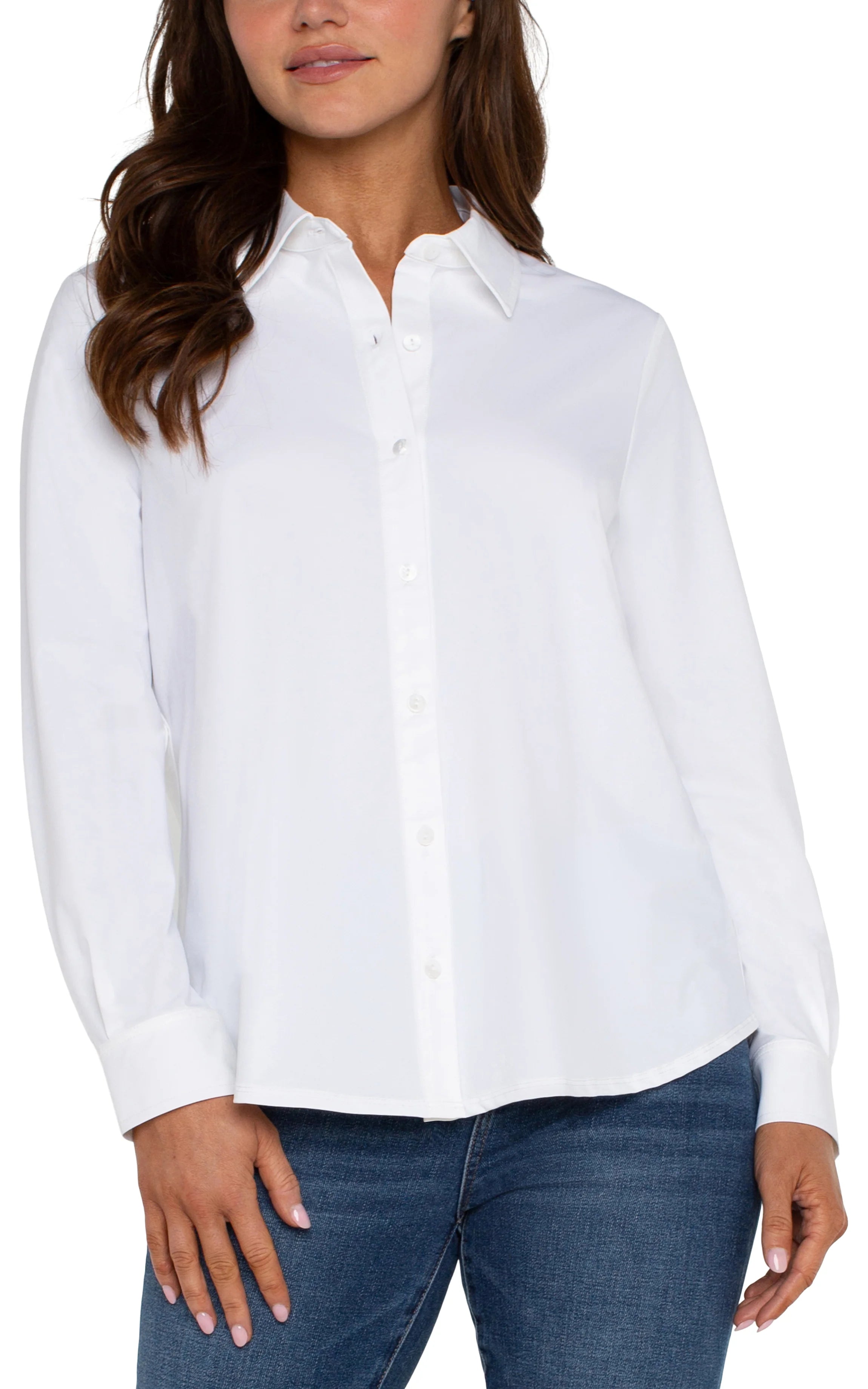 Long Sleeve Button Front Knit Shirt, White