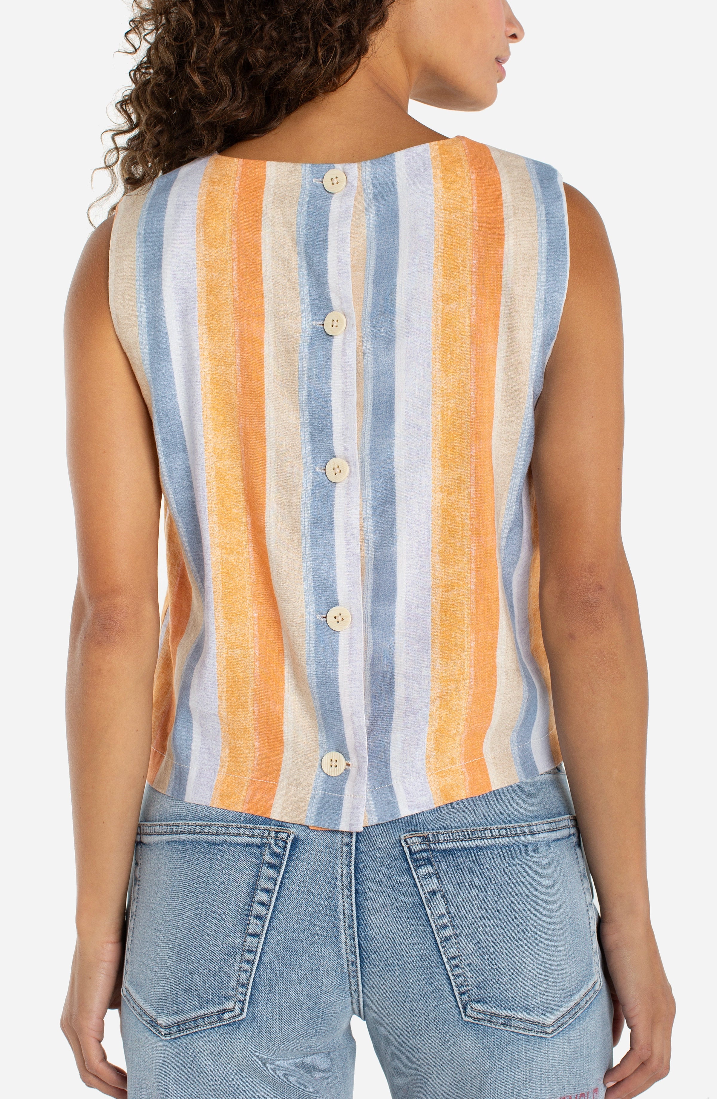 Sleeveless Shell top with Button Back, Multi-Stripe