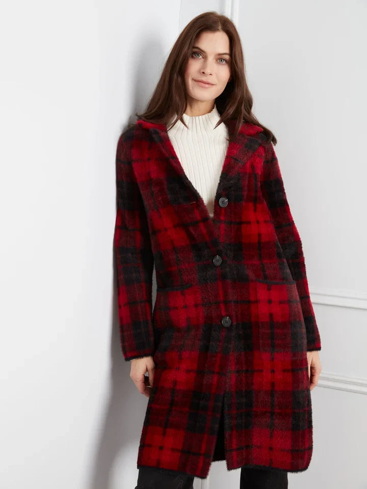 Long plaid knit coatigan by Charlie B with tailored neckline, button closure, and hip patch pockets