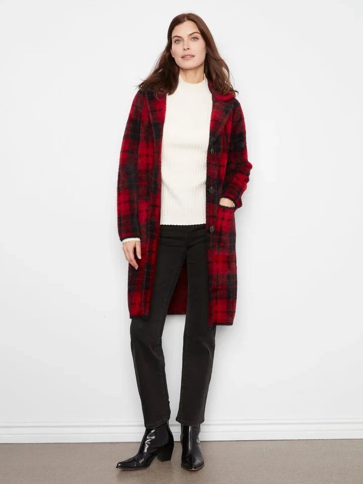 Long plaid knit coatigan by Charlie B with tailored neckline, button closure, and hip patch pockets