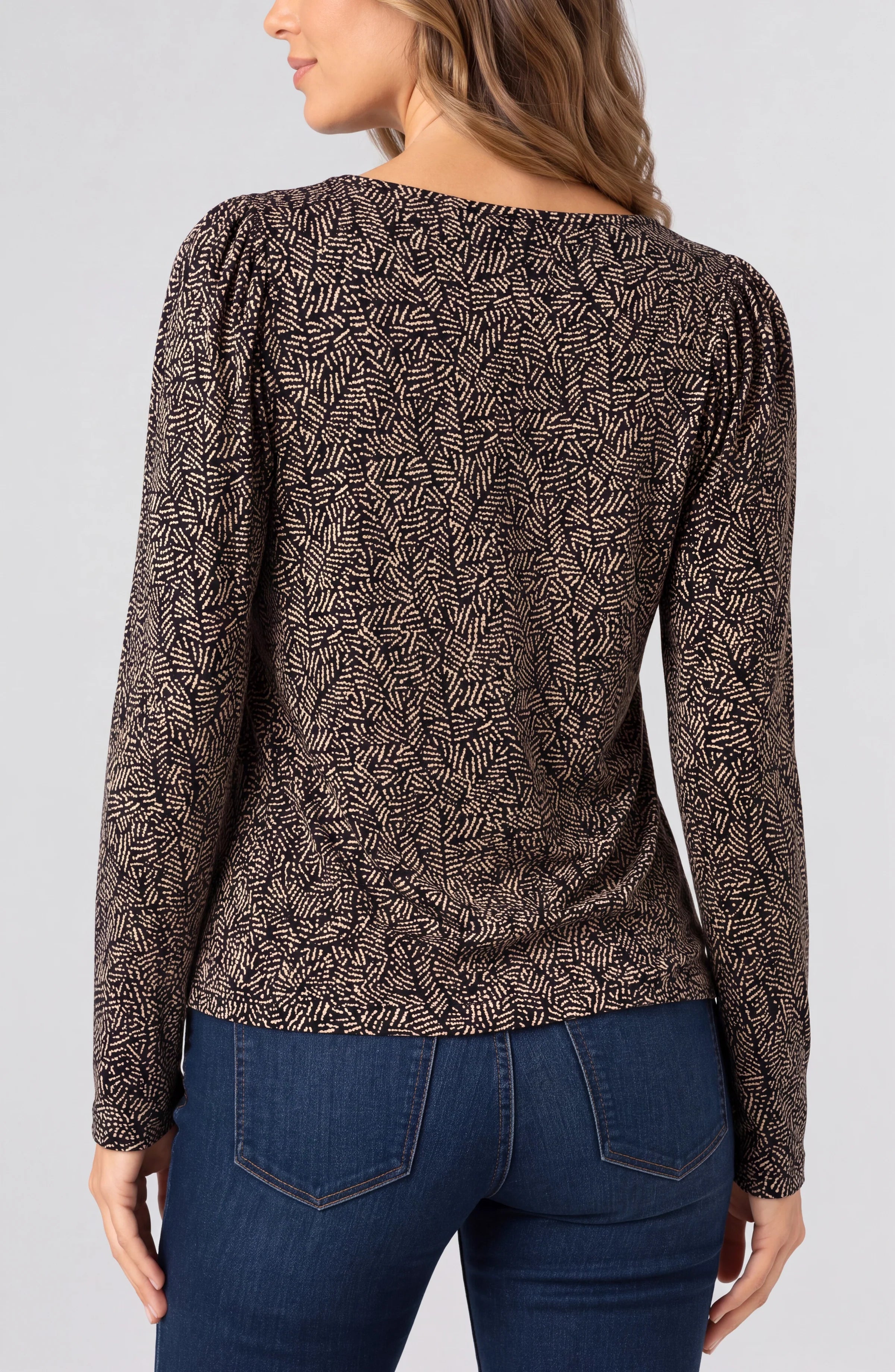 Long Sleeve Jewel Neck Knit Top with Shirring