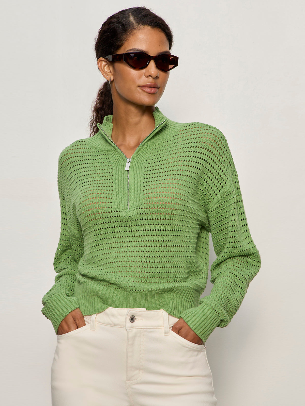Open Knit 1/2 Zip Sweater, Detox Green