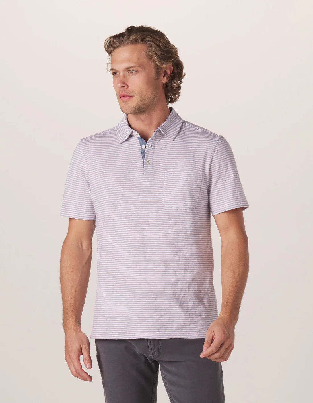Men's Vintage Slub Pocket Polo, Grey Stripe