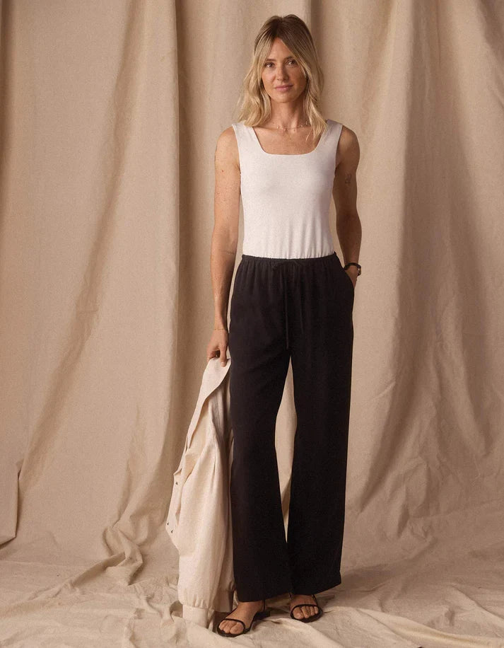The Normal Brand sueded Costa drawcord pant, black, styled view