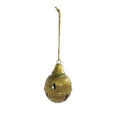 Metal bell ornament with tree cut-outs, gold finish, 3.5 inches