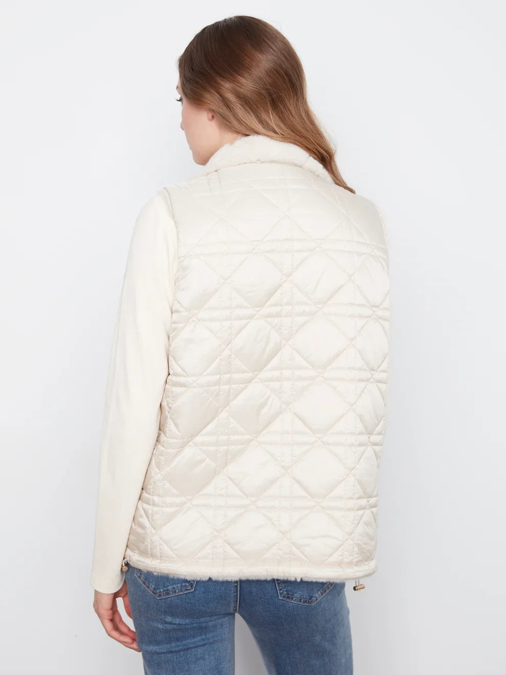 Pearl reversible vest by Charlie B with faux fur on one side and quilted fabric on the other, zip front, sleeveless