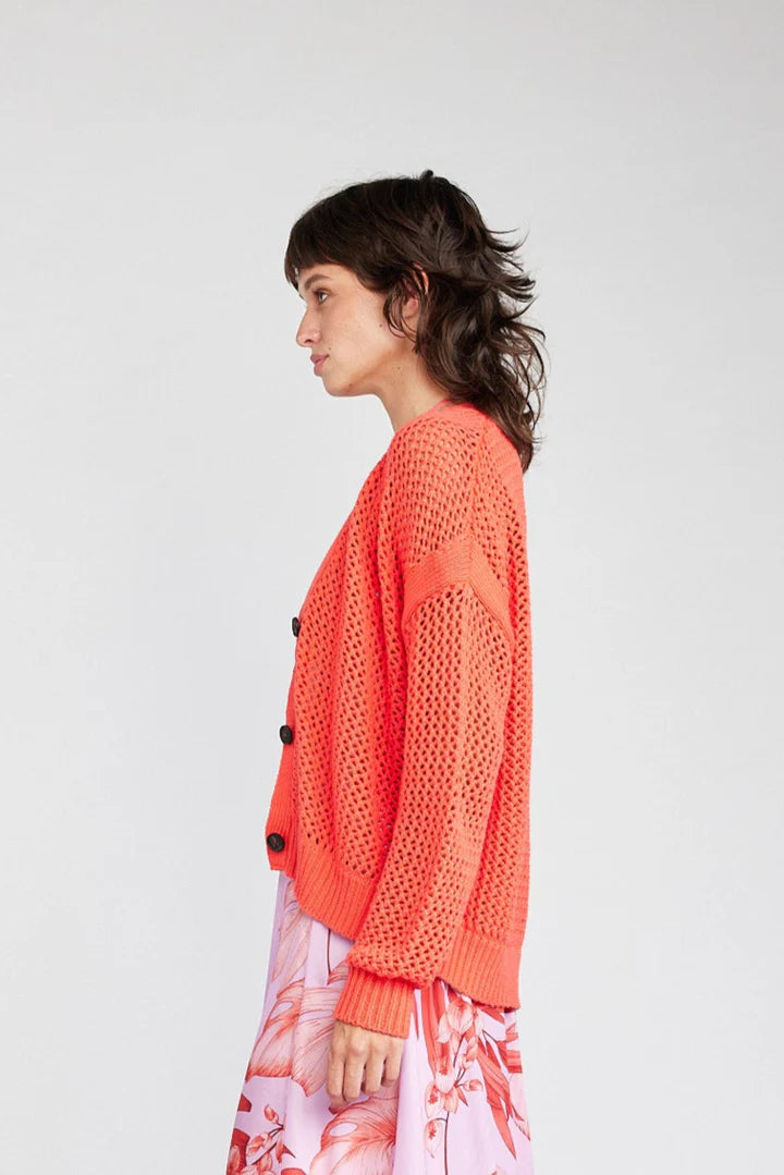 Maggie Fishnet Cardigan, Hot Coral