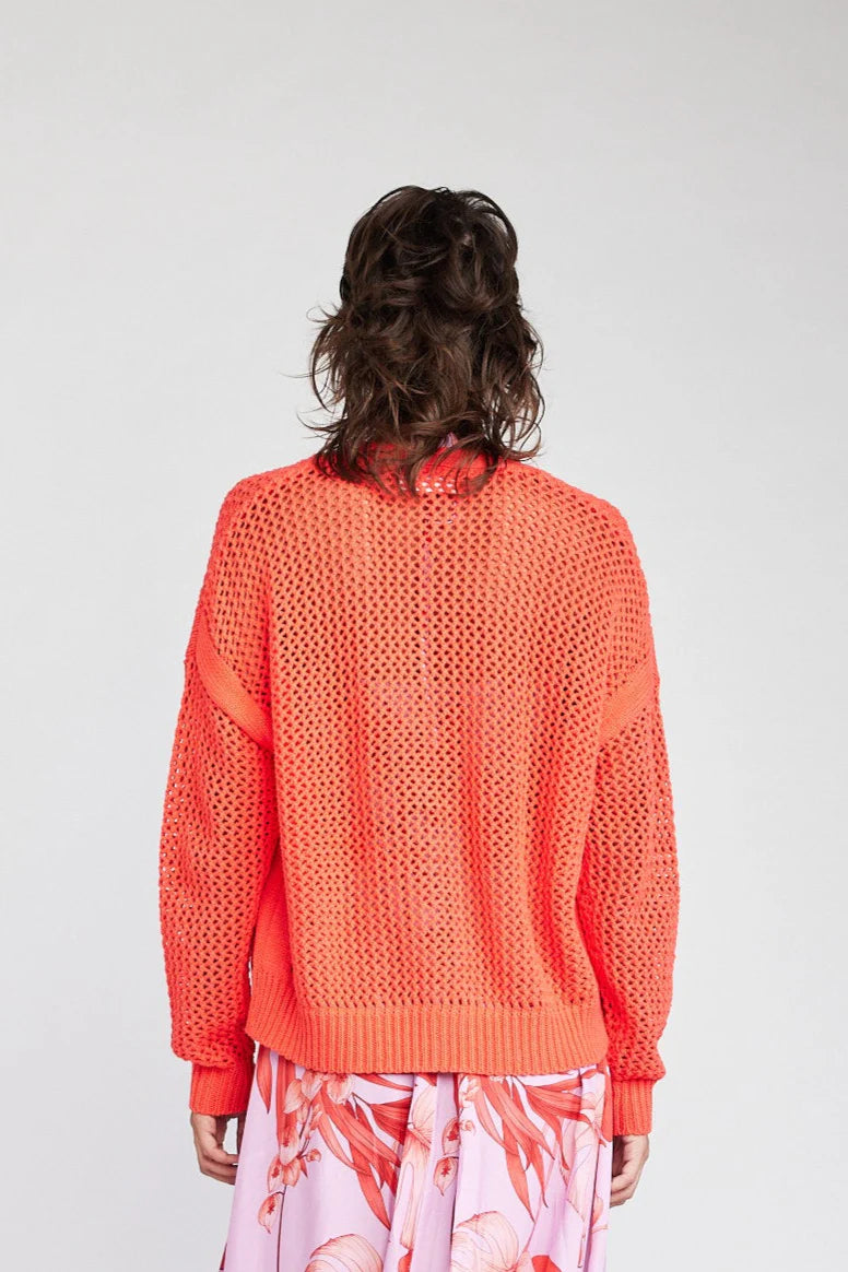 Maggie Fishnet Cardigan, Hot Coral