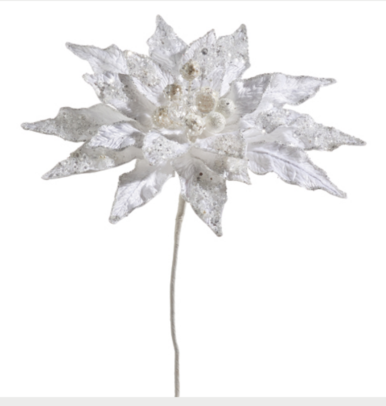White beaded poinsettia pick, 19 inches, holiday floral