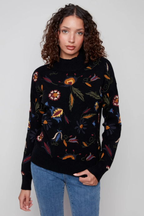 Embroidered Mock Neck Sweater