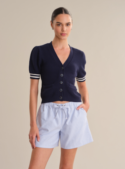Avalon Puff Sleeve Button Front Cardigan, Dark Blue