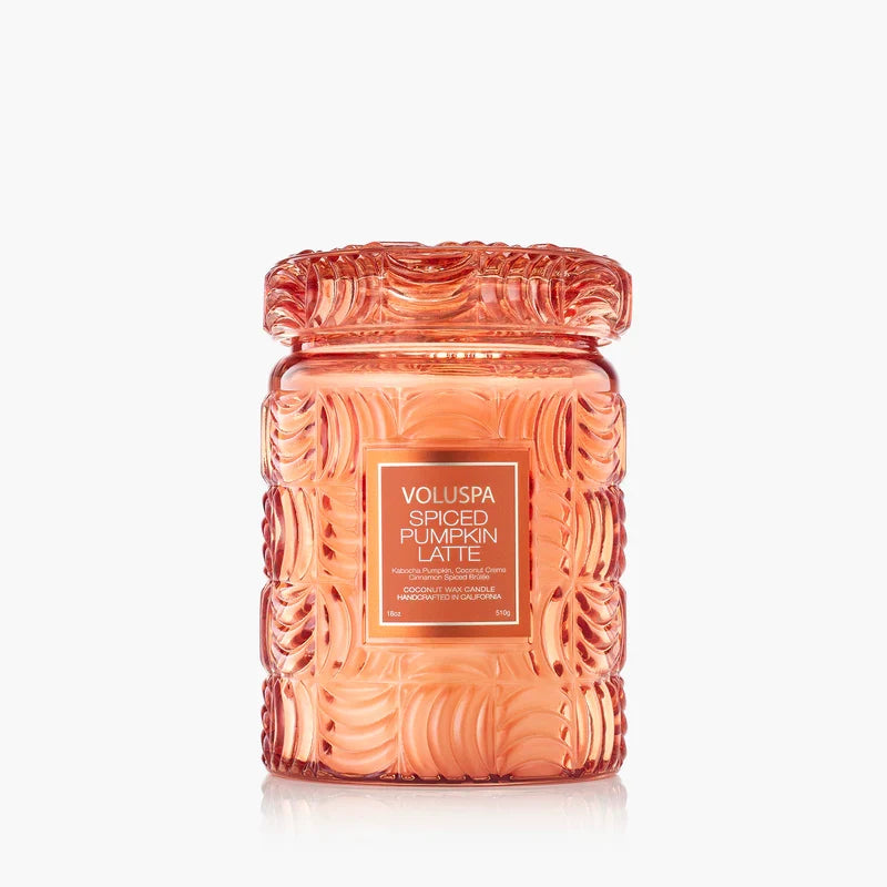 Voluspa Spiced Pumpkin Latte candle, 18 oz ribbed pumpkin jar